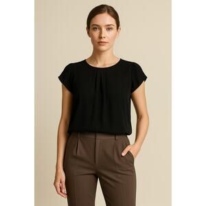 Lucid-Pink Black Pleated Short Sleeve Blouse Women’s Size Medium